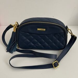 JOY&IMAN Quilted Leather Crossbody Bag Tassel Navy Gold Hardware